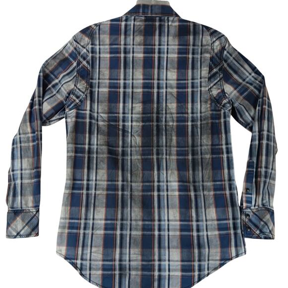 Rock & Roll Cowboy Western Shirt Mens M Smoke Plaid Blue Pearl Snap Embroidered - Picture 3 of 13